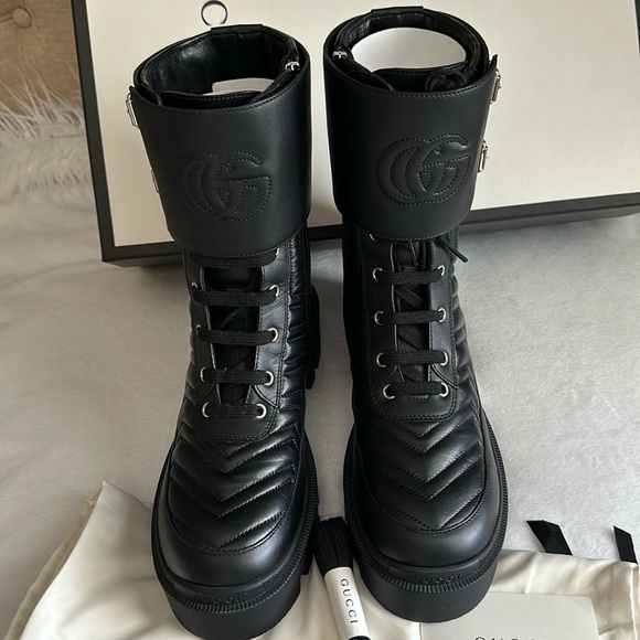 GUCCI Nappa Frances Interlocking GG Black Leather Combat Boots 8 Made in Italy - Picture 1 of 9